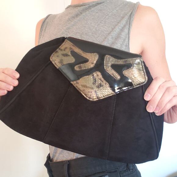 Vintage Snakeskin & Suede Large Clutch Bag with Crossbody Strap Black Gold - Picture 3 of 9